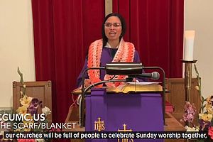 preacher in pulpit with captions showing
