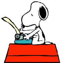 snoopy sits upon his house typing