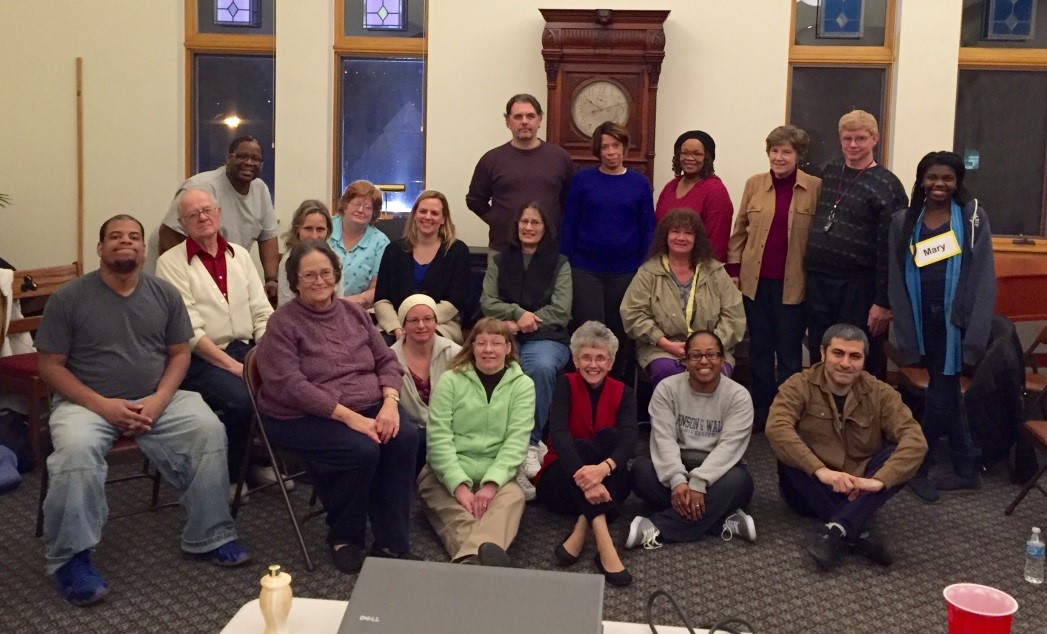 photo of a large group, in a room, some are sitting on the floor, some on chairs, and some standing, they are members of the Deaf Bible study at Grace UMC.
Attendees of the Deaf Bible study at Grace United Methodist Church.